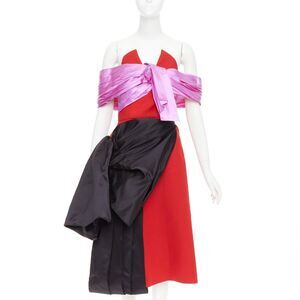 Prada red pink black virgin wool satin sash bustier dress